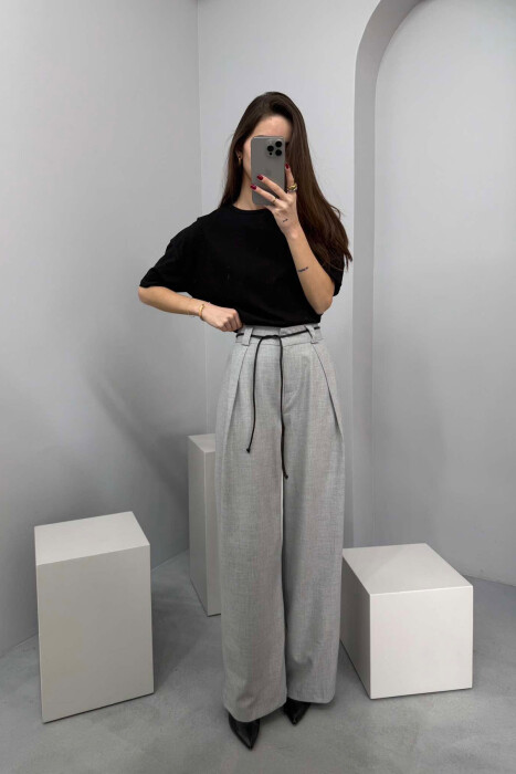 WIDE LEG LEATHER BELT WOMAN TROUSERS IN GREY COLOR 