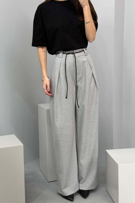 WIDE LEG LEATHER BELT WOMAN TROUSERS IN GREY COLOR - 2