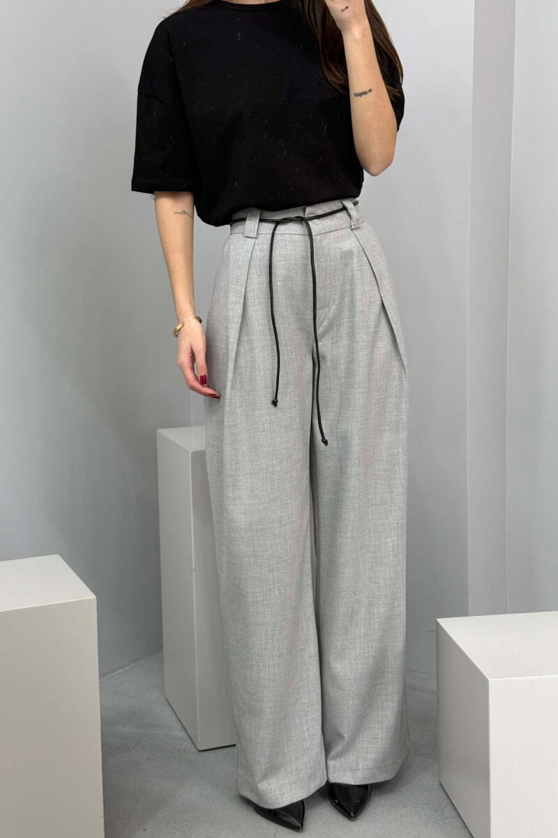 WIDE LEG LEATHER BELT WOMAN TROUSERS IN GREY COLOR - 2