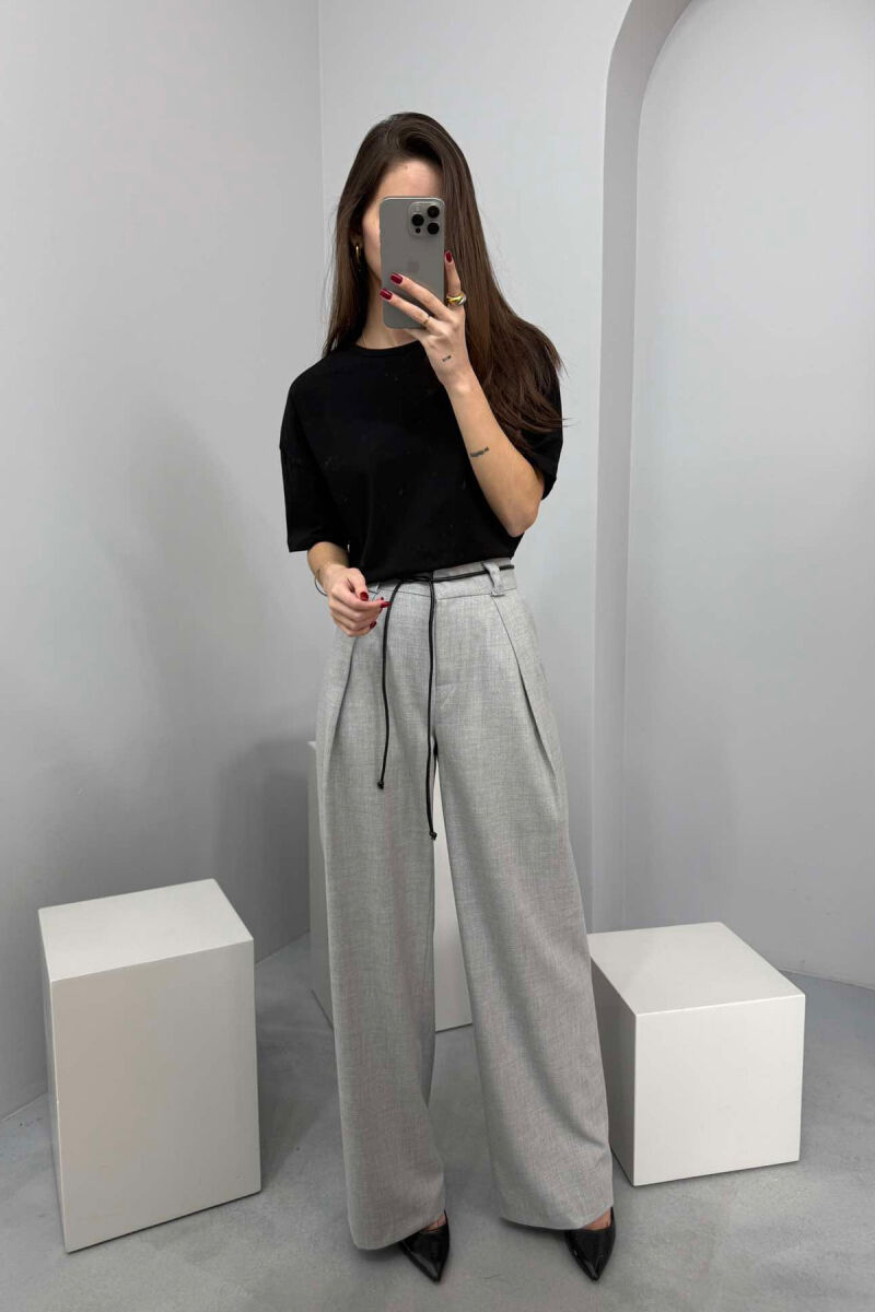 WIDE LEG LEATHER BELT WOMAN TROUSERS IN GREY COLOR - 4