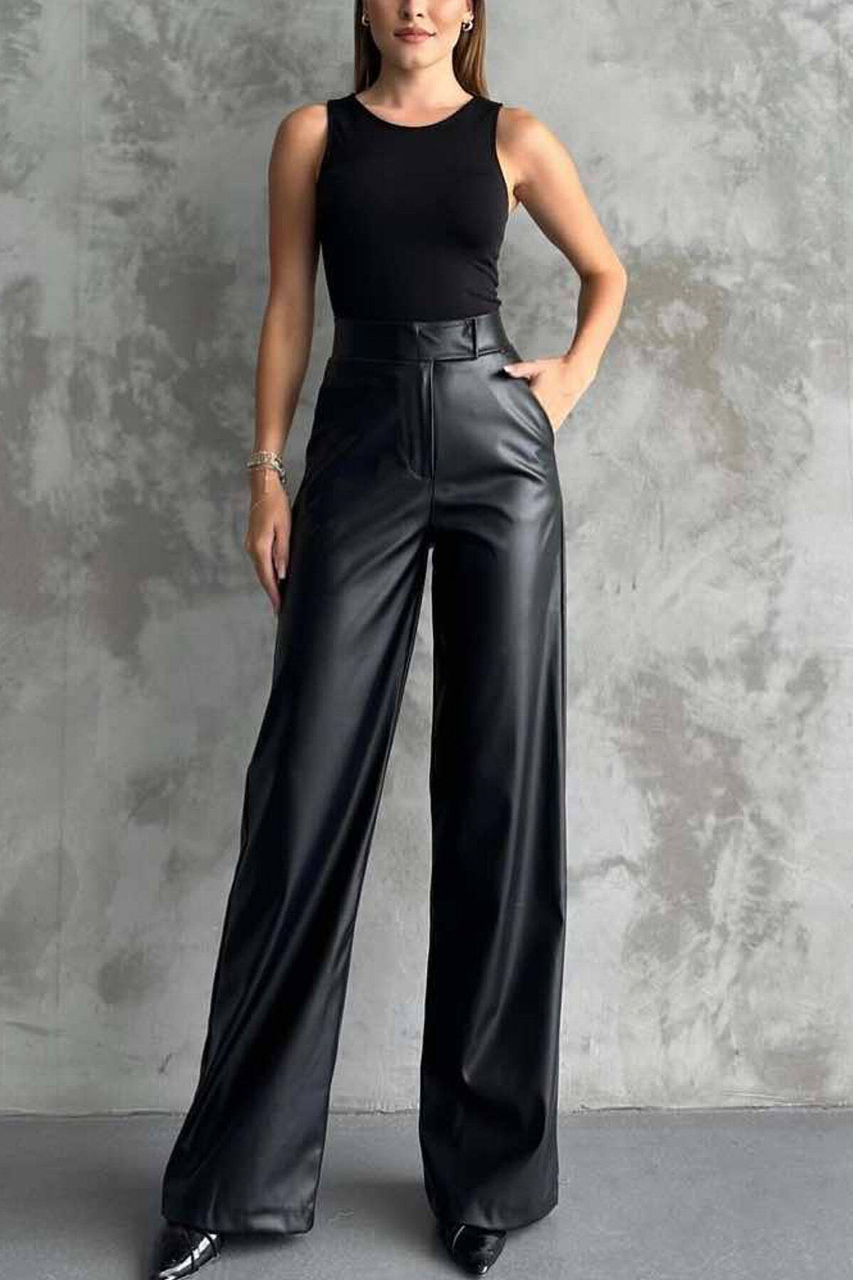 WIDE LEG LEATHER WOMEN TROUSERS BLACK/ E ZEZE TROUSERS KLAUDIO FASHION ...