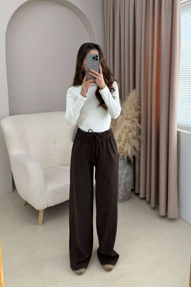 WIDE LEG ONE COLOR SIMPLE WOMEN SWEATPANTS DARK BROWN/KAE - 2