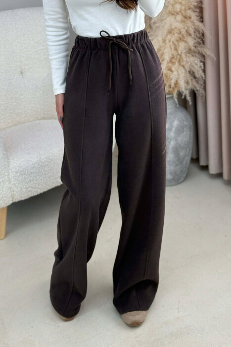 WIDE LEG ONE COLOR SIMPLE WOMEN SWEATPANTS DARK BROWN/KAE - 4