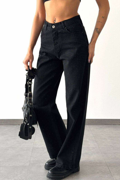 WIDE LEG SMALL DIAMONDS DETAILS WOMEN JEANS IN BLACK COLOR 