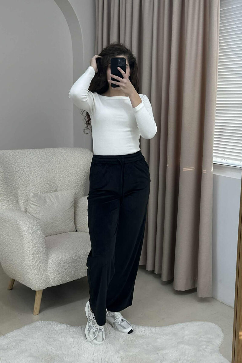 WIDE LEG ONE COLOR VELVET WOMEN SWEATPANTS BLACK/ E ZEZE - 1
