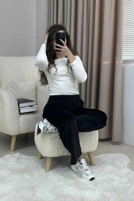 WIDE LEG ONE COLOR VELVET WOMEN SWEATPANTS BLACK/ E ZEZE - 3