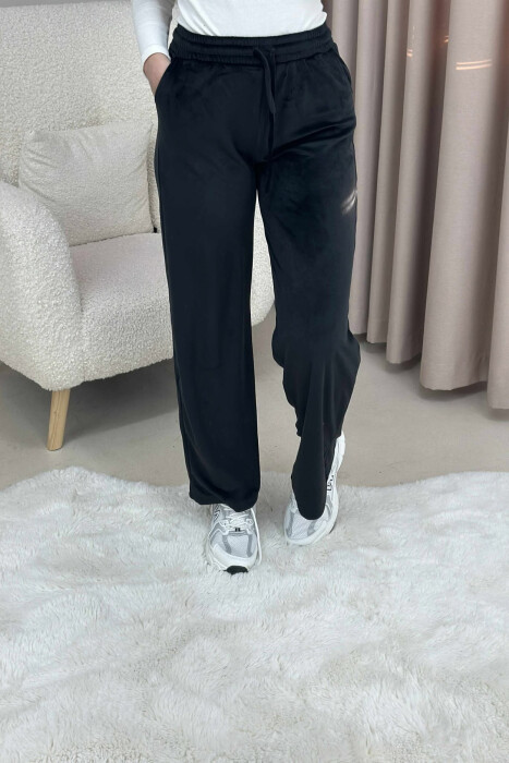 WIDE LEG ONE COLOR VELVET WOMEN SWEATPANTS BLACK/ E ZEZE - 4