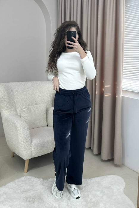 WIDE LEG ONE COLOR VELVET WOMEN SWEATPANTS BLUE/BLU - 2