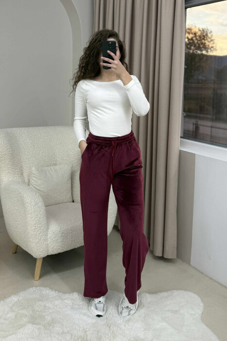 WIDE LEG ONE COLOR VELVET WOMEN SWEATPANTS BURGUNDY/VISHNJE - KLAUDIO FASHION