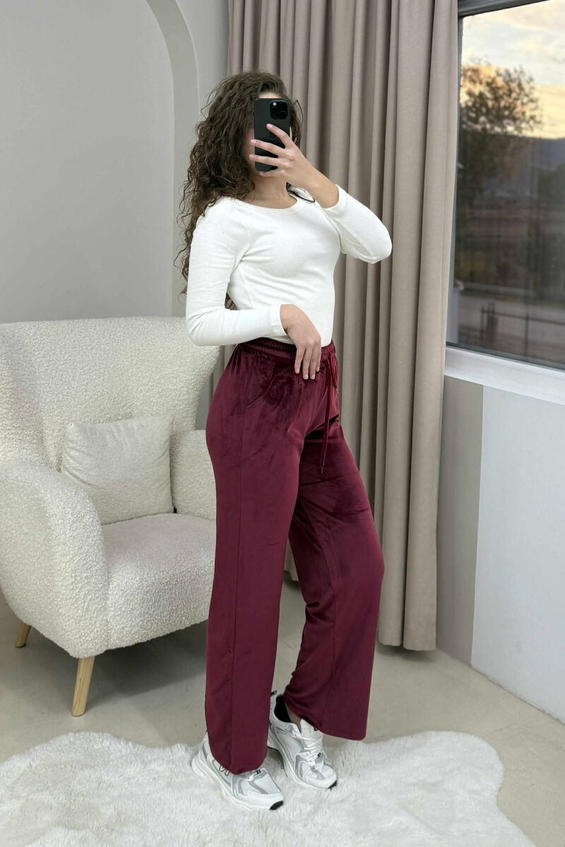 WIDE LEG ONE COLOR VELVET WOMEN SWEATPANTS BURGUNDY/VISHNJE - 2