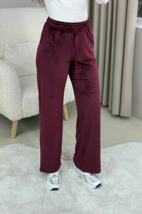 WIDE LEG ONE COLOR VELVET WOMEN SWEATPANTS BURGUNDY/VISHNJE - 4