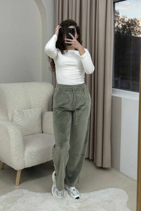 WIDE LEG ONE COLOR VELVET WOMEN SWEATPANTS MINT/MENTE - KLAUDIO FASHION