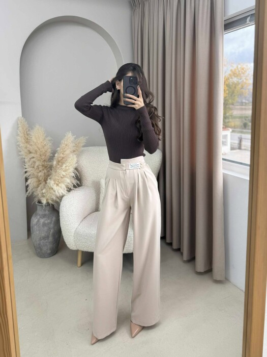 WIDE LEG ONE COLOR WOMAN TROUSERS CREAM/KREM - KLAUDIO FASHION