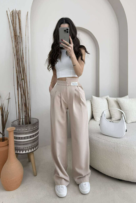 WIDE LEG ONE COLOR WOMAN TROUSERS CREAM/KREM 