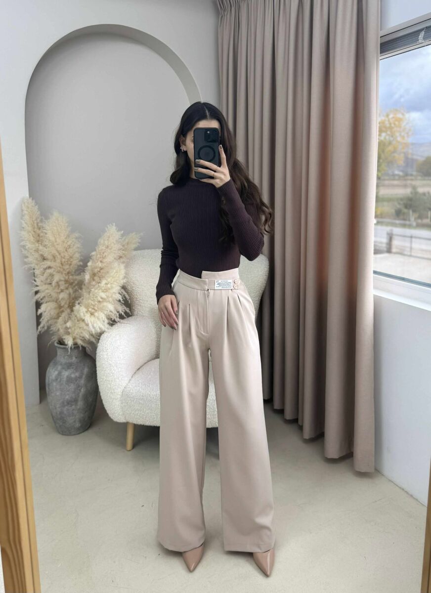 WIDE LEG ONE COLOR WOMAN TROUSERS CREAM/KREM - 2