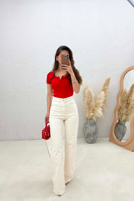 WIDE LEG ONE COLOR WOMEN JEANS CREAM/KREM - KLAUDIO FASHION