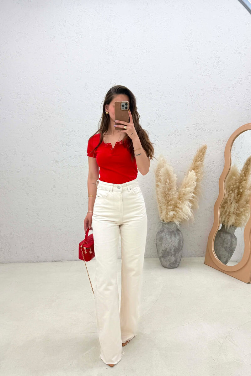 WIDE LEG ONE COLOR WOMEN JEANS CREAM/KREM - 1