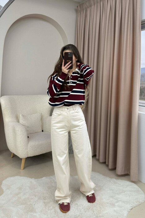 WIDE LEG ONE COLOR WOMEN JEANS CREAM/KREM - KLAUDIO FASHION