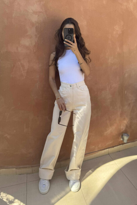 WIDE LEG ONE COLOR WOMEN JEANS CREAM/KREM - 1