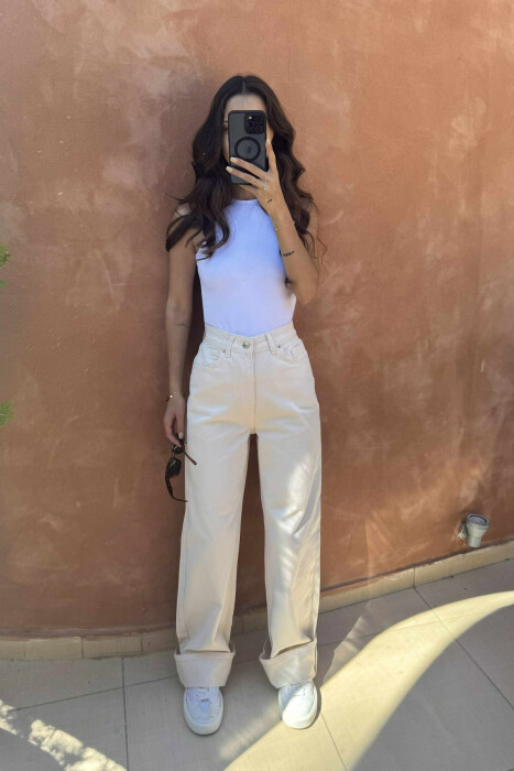 WIDE LEG ONE COLOR WOMEN JEANS CREAM/KREM - 2