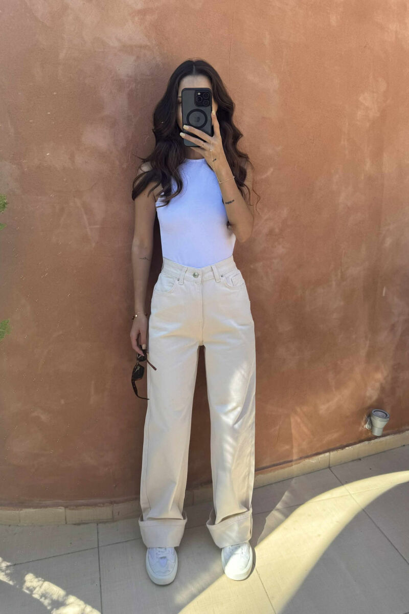 WIDE LEG ONE COLOR WOMEN JEANS CREAM/KREM - 2