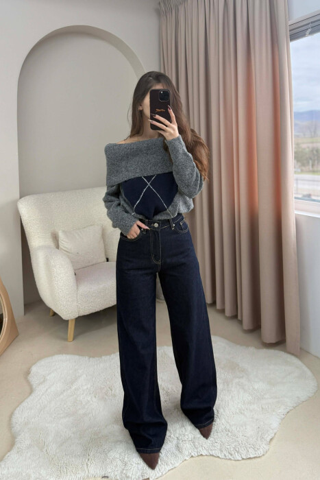 WIDE LEG ONE COLOR WOMEN JEANS DARK BLUE/BEE - 