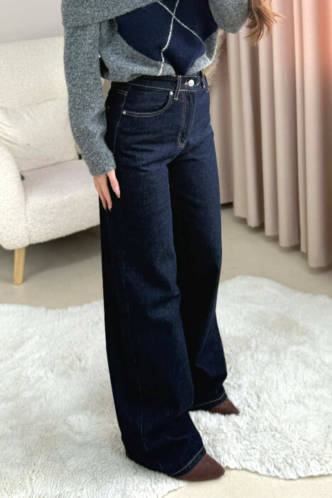 WIDE LEG ONE COLOR WOMEN JEANS DARK BLUE/BEE - 3