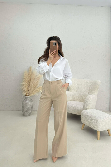 WIDE LEG ONE COLOR WOMEN TROUSERS BEIGE/BEZHE - KLAUDIO FASHION