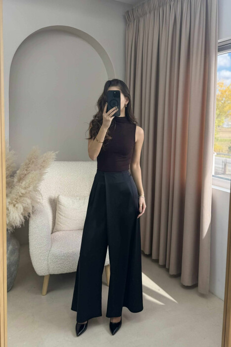 WIDE LEG ONE COLOR WOMEN TROUSERS BLACK/ E ZEZE - KLAUDIO FASHION