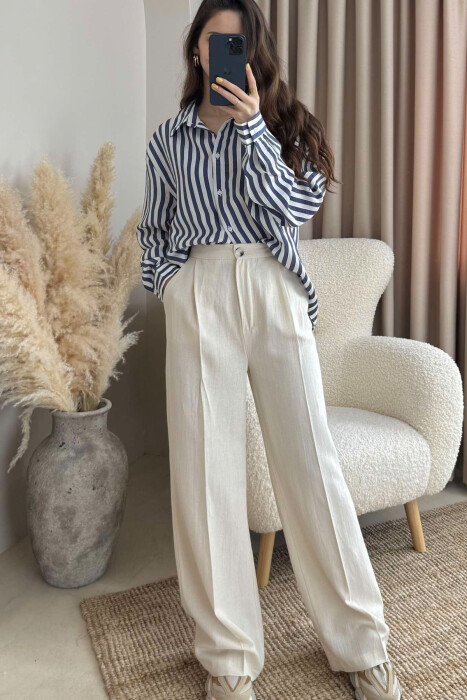 WIDE LEG ONE COLOR WOMEN TROUSERS CREAM/KREM - KLAUDIO FASHION