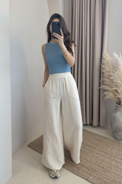 WIDE LEG ONE COLOR WOMEN TROUSERS CREAM/KREM 