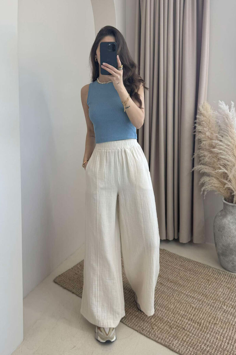 WIDE LEG ONE COLOR WOMEN TROUSERS CREAM/KREM - 1