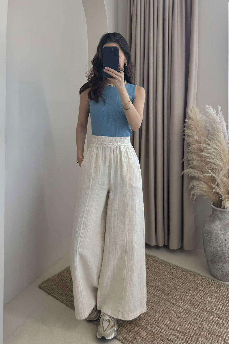 WIDE LEG ONE COLOR WOMEN TROUSERS CREAM/KREM - 2
