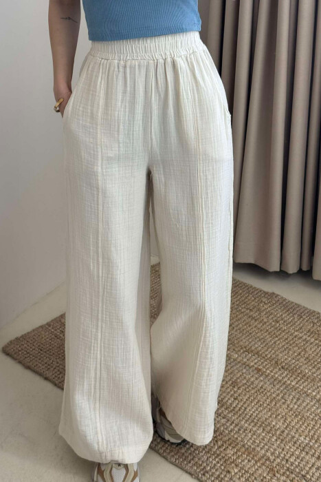 WIDE LEG ONE COLOR WOMEN TROUSERS CREAM/KREM - 3