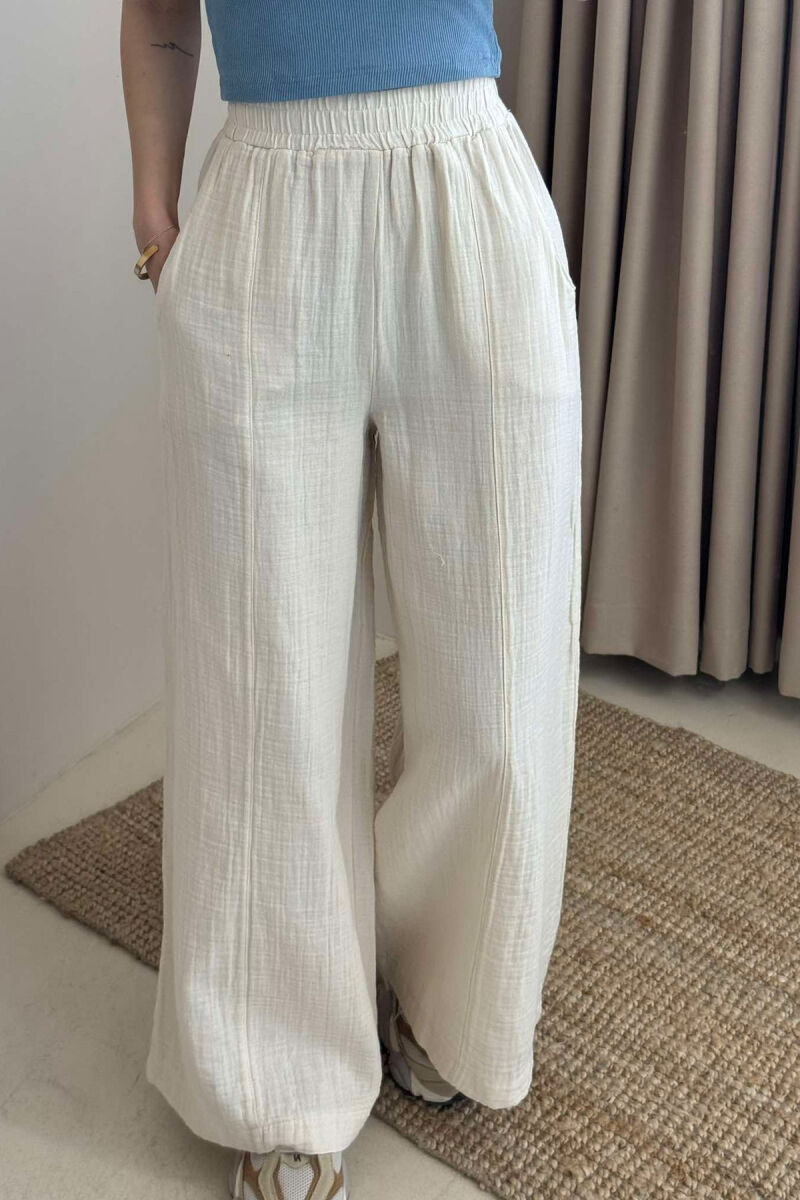 WIDE LEG ONE COLOR WOMEN TROUSERS CREAM/KREM - 3