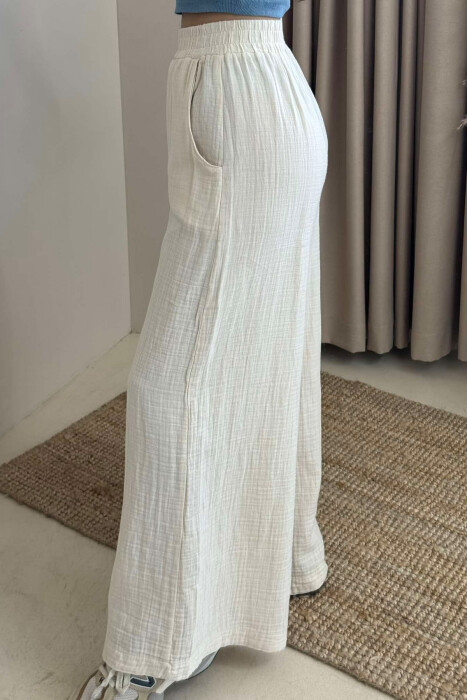 WIDE LEG ONE COLOR WOMEN TROUSERS CREAM/KREM - 4
