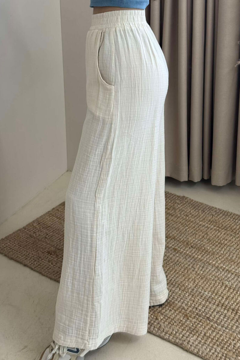 WIDE LEG ONE COLOR WOMEN TROUSERS CREAM/KREM - 4
