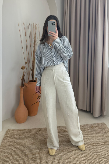 WIDE LEG ONE COLOR WOMEN TROUSERS CREAM/KREM 