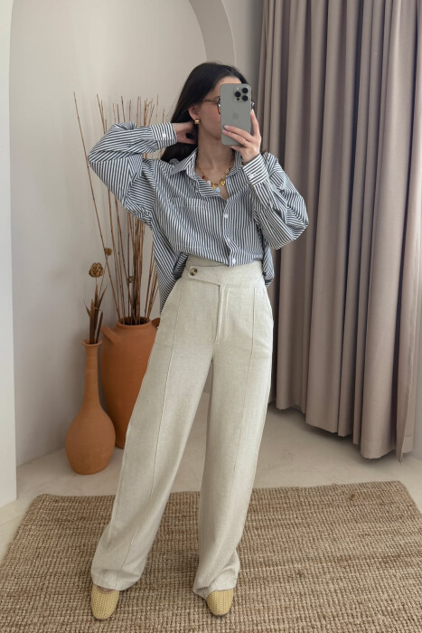 WIDE LEG ONE COLOR WOMEN TROUSERS CREAM/KREM - 2