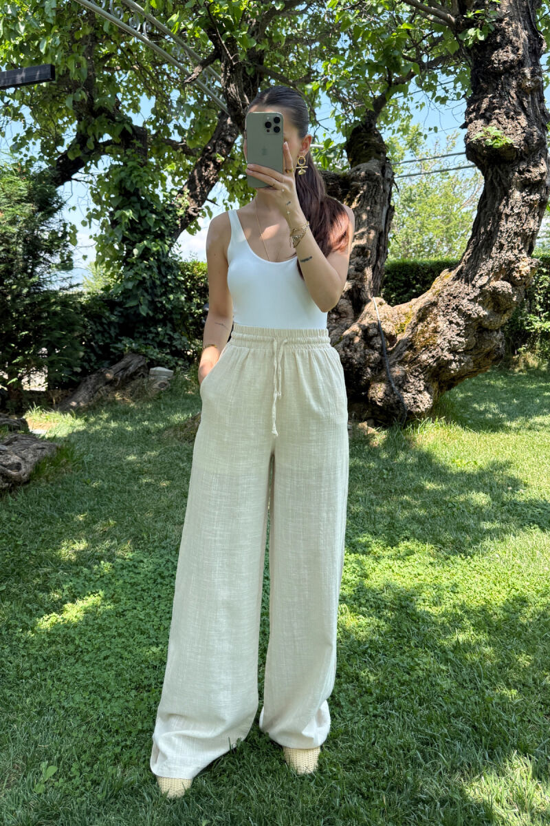 WIDE LEG ONE COLOR WOMEN TROUSERS CREAM/KREM - 1