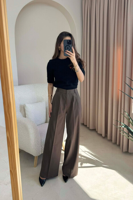 WIDE LEG ONE COLOR WOMEN TROUSERS DARK BROWN/KAE - 1