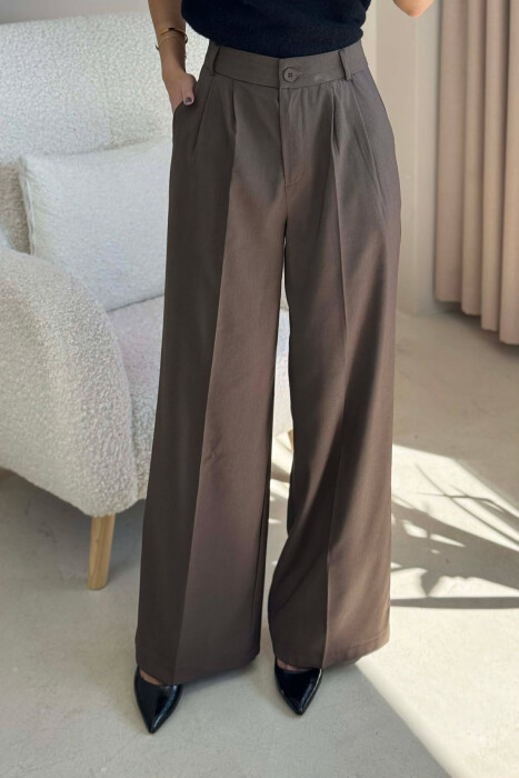 WIDE LEG ONE COLOR WOMEN TROUSERS DARK BROWN/KAE - 3