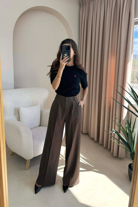 WIDE LEG ONE COLOR WOMEN TROUSERS DARK BROWN/KAE - 4