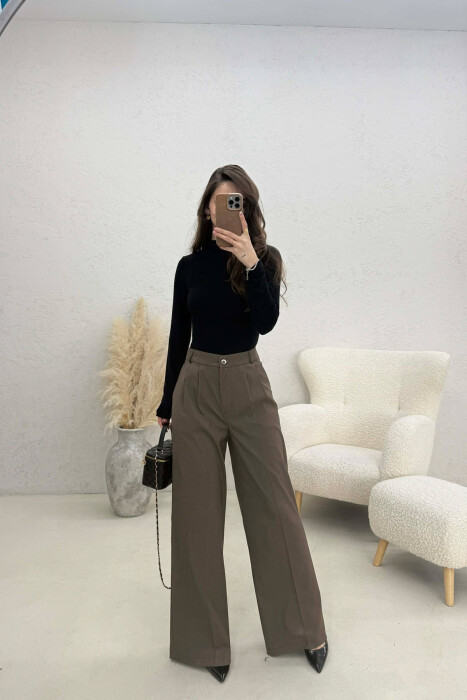 WIDE LEG ONE COLOR WOMEN TROUSERS DARK GREEN/JEE - KLAUDIO FASHION