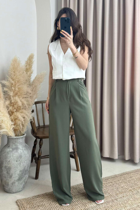 WIDE LEG ONE COLOR WOMEN TROUSERS DARK GREEN/JEE - 2