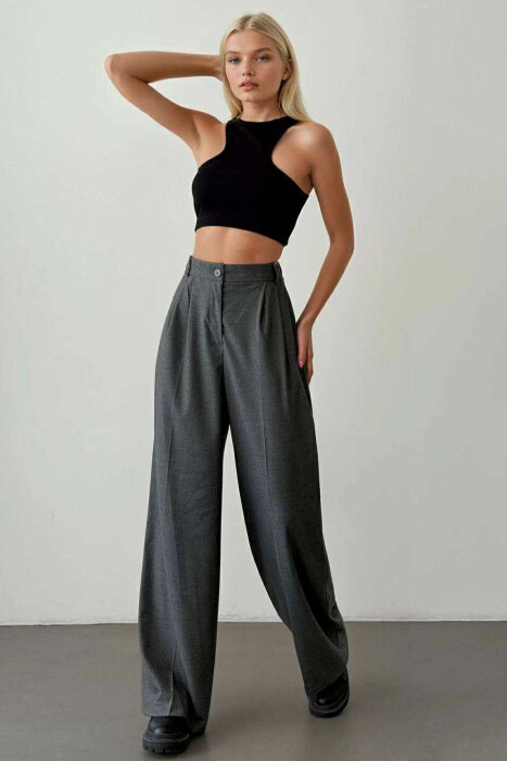 WIDE LEG ONE COLOR WOMEN TROUSERS DARK GREY/GEE - KLAUDIO FASHION
