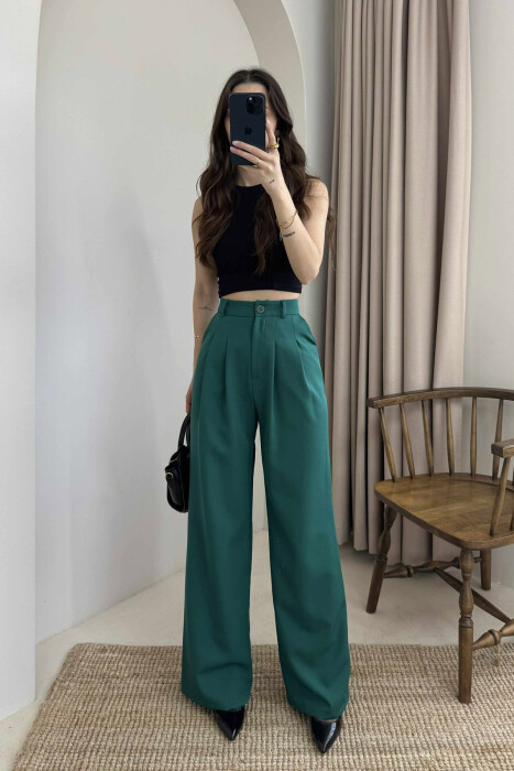 WIDE LEG ONE COLOR WOMEN TROUSERS GREEN/JESHILE - KLAUDIO FASHION