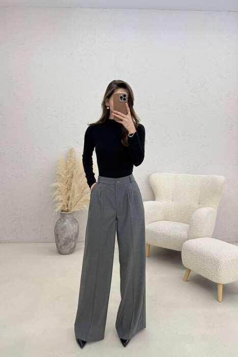 WIDE LEG ONE COLOR WOMEN TROUSERS GREY/GRI - KLAUDIO FASHION