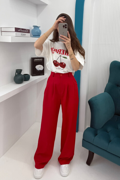 WIDE LEG ONE COLOR WOMEN TROUSERS RED/E KUQE - 1