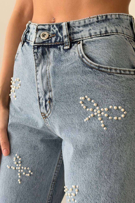 WIDE LEG RIBBON PEARL DETAIL WOMEN JEANS LIGHTBLUE/BZ - 2